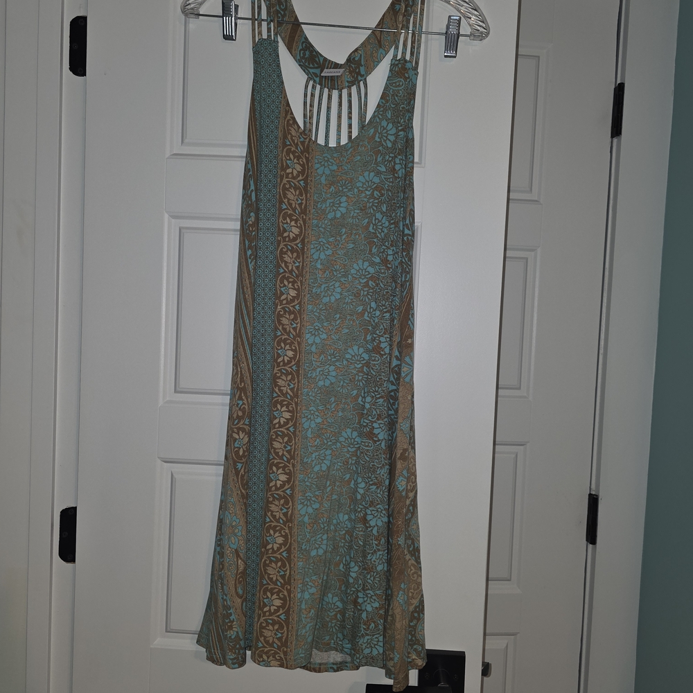 Sleeveless Floral Print Mini Dress in Teal and Brown